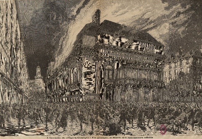 L’incendie de l’Opéra-Comique : La panique – Sortie des spectateurs, 1887, Bibliothèque nationale de France, Collection Opéra-Comique